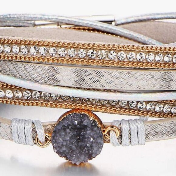 Leather Wrap Bracelets Multi-Layer Crystal Beads Cuff Bracelet Jewelry - AGATE - Picture 7 of 7